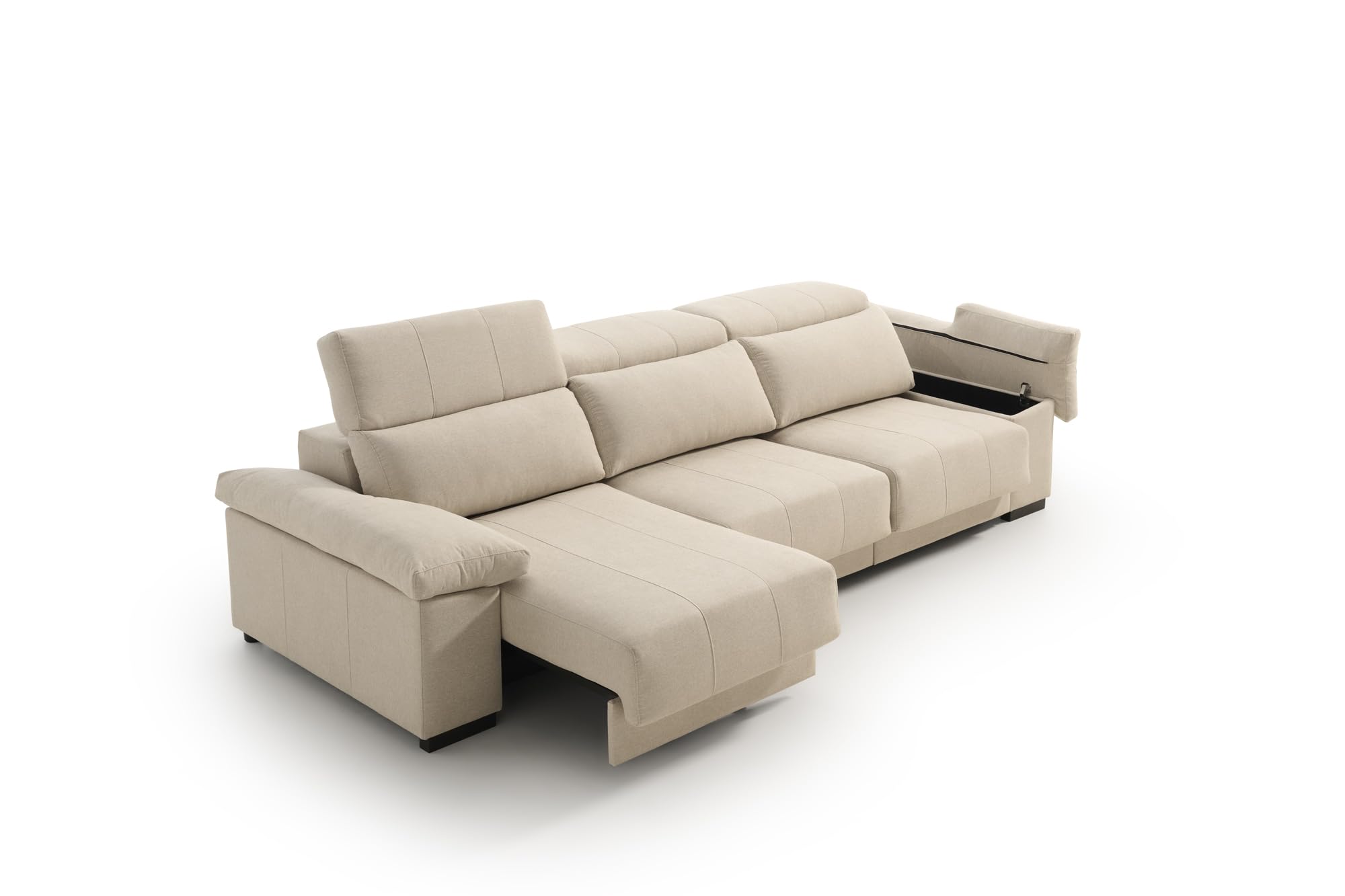 Matris Sofá Cama Chaise Longue Reversible con Arcón, Asientos Deslizantes, Respaldos Reclinables, Tierra, 285x155x107 cm | Sofá cama funcional