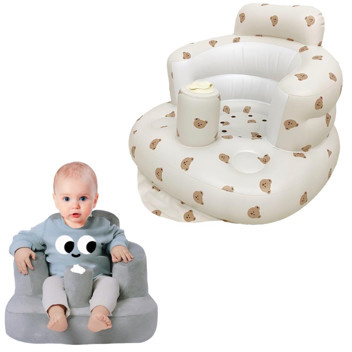 Seggiolino gonfiabile per bambini da 4 a 24 mesi con pompa ad aria integrata, supporto per la schiena per bambini, sedia per sedersi, sedia per baby shower, sedile (Orso+copertura)