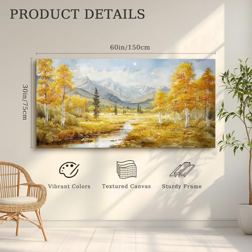crmotu Mountain Forest Wall Art, Riverside Birch Tree Oversized Paintings, Nature Landscape Pictures Art Prints, Modern Large Wall Decor Living Room Bedroom Office Farmhouse Canvas Artwork 30x60inch