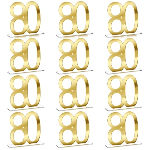 Image of Threehoney 12 Pcs Mirror Gold 80th Birthday Decorations for Men and Women Acrylic Anniversary Decorations Table Numbers Centerpieces for Birthday Party