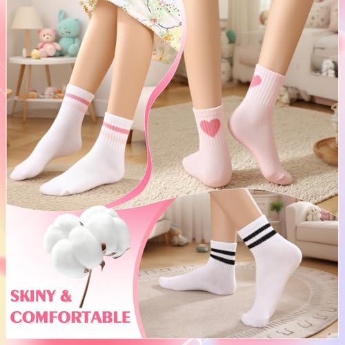 Jspupifip 6 Pairs Kids Girls Pink White Crew Athletic Socks with Stripes Hearts,Casual Stretchy Socks for Girls and Boys4