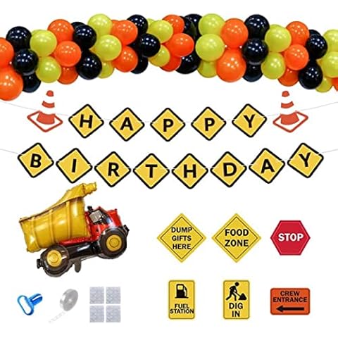 construction birthday party supplies,119pc.Orange Black Yellow Balloon Garland,Happy Birthday Banner, Dump Truck Balloon,Construction Signs, DIY Arch Tool Kit, Quarantine birthday decorations Cover