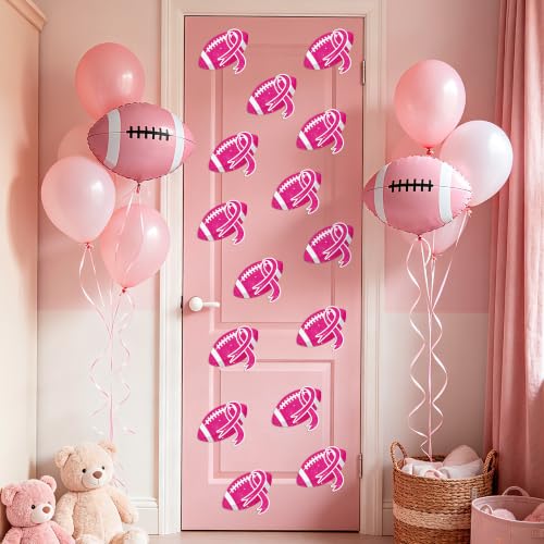 Image of Hot Pink Football Glitter Cutout for Breast Cancer Awareness Party Supplies | 100Pcs Glitter Pink Football Cuts for Birthday Favor Sport Ball Paper Cuts with Glue for Pink Out Party Bulletin Board Decor