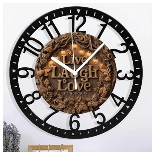 Metal Wall Clock for Living Room -10" Live Laugh Love Wooden Carving Silent Non Ticking,Battery Operated, Antique Wood Clocks for Farmhouse,Dining Room,Bedroom,Kitchen Clock Wall Decor- Arabic Numeral