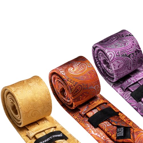 Image of Barry.Wang 6 PCS Men Ties Set Silk Business Fashion Woven Necktie Handkerchief Cufflinks Paisley Stripe Wedding Party