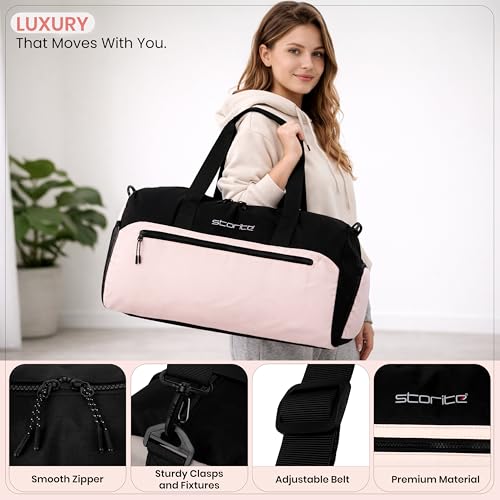Image of Storite Multipurpose Travel Duffle Bag, Lightweight Luggage Bag with Shoe Compartment, Water Resistance, Overnight Bag with Mesh & Zipper Pockets for Traveling, Gym & Weekend Trips (Pink, 48x30x22cm)