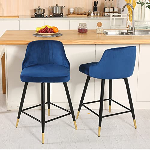 360° Swivel Counter Height Bar Stools Set Of 4, Velvet Barstool With Comfy Back, Footrest, Mid Century Modern Counter Height Dining Chairs For Pub Island Home Kitchen(Blue) #TOP6
