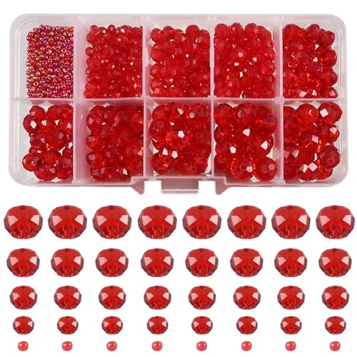 TOAOB 1000 Piezas Cuentas de Vidrio Abalorios Cristal Facetado Checas de 2 mm a 10 mm Redondas Rojo Transparent Cristal Abalorios para Manualidades Pulseras Accesorios y Collares Hacer Bisuteria