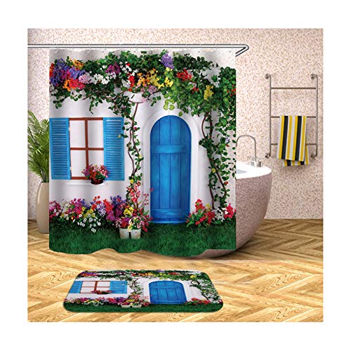 Aienid Cortina Baño Transparente Antimoho Casa Y Flores Azul Y Rojo Cortina De Ducha Estanca Size:120X180CM