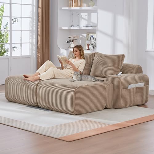 Yihomfy Canapé 2 Places avec 2 Tabourets, Velours Côtelé Canapé Modulable avec Porte-Gobelet et Poches Latérales, Configuration Libre, pour Salon et Home...