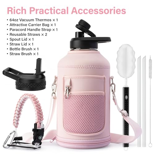 Insulated Water Bottle | Thickened Stainless Steel Vacuum Metal | Portable Sports Half Gallon Large Water Jug for Gym and Hiking with Straw, Carrier Bag, Handle Strap | BPA-Free 64 oz