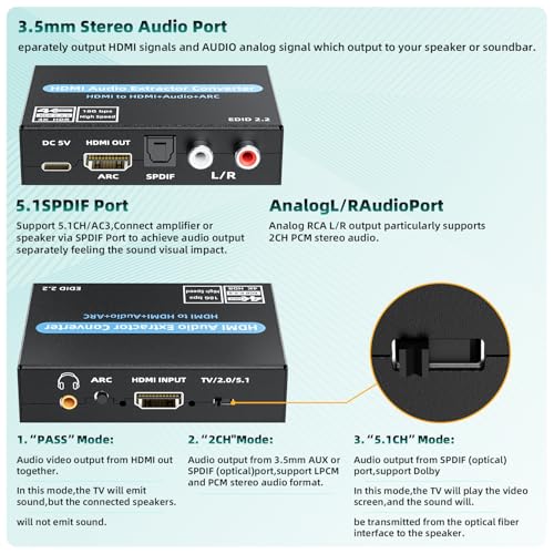 Image of HDMI Audio Extractor Converter, 4K@60Hz Audio Adapter with Optical SPDIF + 3.5mm Stereo + Analog RCA L /R Audio Adapter, HDMI ARC Converter Supports 5.1 HDCP 2.2 HDR 18Gbps, for PS5 Xbox HDTV