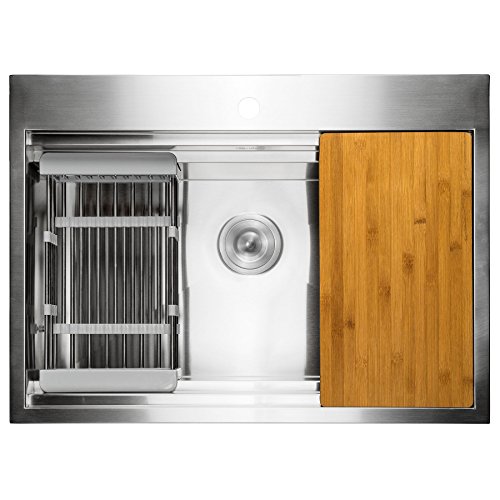 AKDY Handmade Workstation Ledge 33-inch Topmount Kitchen Sink Single Bowl in Stainless Steel 33" x 22" x 9" with Drying Rack & Cutting Board
