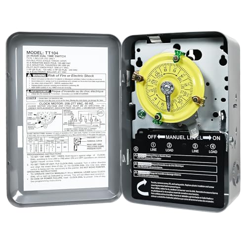 T104 Mechanical Time Switch 208-277 VAC 5HP 40A DPST Manual Override Heavy Duty Electromechanical Timer 24 Hours Up to 12 ON/Off 1-12 Cycles Per Day for Pool Pump Water Heater Outdoor Indoor Lighting