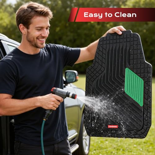 Image of Coverado Car Floor Mats Full Set,Heavy-Duty PVC Floor Mats with Green Metallic Heel Pad, All-Weather Protection for Front & Rear, Non-Slip Backing, Easy-Clean Interior Liners