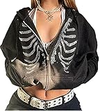 Damen Y2k Skelett Strass Print Kordelzug Kapuzenpullover Sweatshirt Causal Langarm Kapuzenjacke 90er Jahre Vintage Reißverschluss Hoodie Mantel, 07 Black A, 36