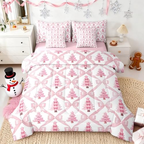 Manfei Christmas Tree Queen Bedding Set 7 Pieces Princess Bow Pink Bowknot Ribbon Crossed Comforter Set with Sheets for Kids Winter New Year Romantic Xmas Bed Set in a Bag with Pillow Covers