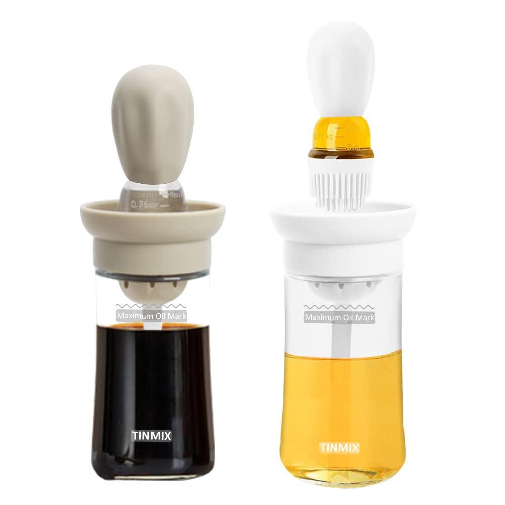 TINMIX Ölspenderflasche mit Grillbürste - Ölaufbewahrung und Spenderbehälter und Silikon-Backpinsel für Küche, Grillen, Backen und Kochen, Ölpinsel-Topf (Ob21s-weiß + Grau)
