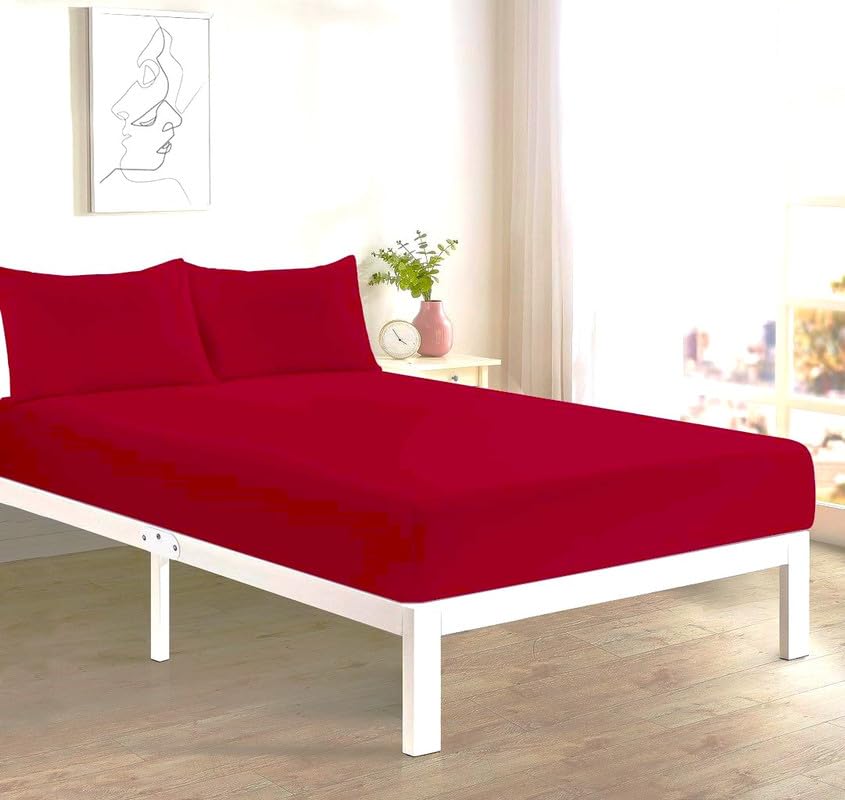 Luxury Super Soft Fitted Sheets and Duvet Cover Set Super King Red Easy Care 25cm Deep Soft and Warm (FITTED K red)