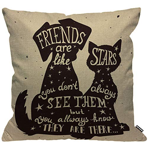 HGOD DESIGNS Housses de Coussin Meilleur ami Citation Noir Chien Et Chat Chat Intérieur Citation Amis sont comme étoiles Taies d'oreillers Maison Décoration pour Chambre Salon Canapé 45 x 45 cm
