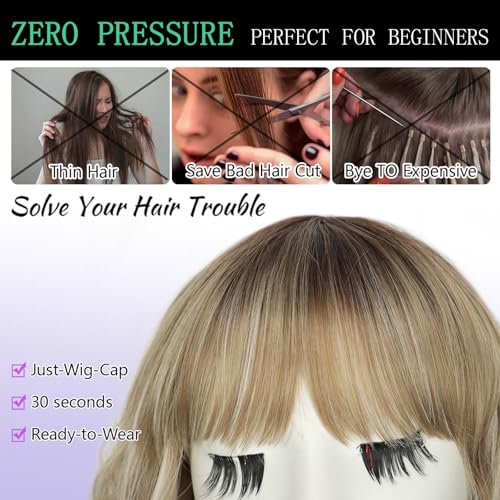Image of AISI HAIR Curly Bob Wig with Bangs Short Wavy Soft Beige Ash Blonde Wigs for Women Bob Style Synthetic Heat Resistant Bob Wigs