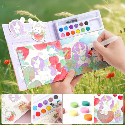 Image of MASTANO Watercolor Painting and Doodle Set for Kids - DIY Graffiti Coloring Note-Book Magic Books with Pigments and Paper, Suitable for Kindergarten and Kids Art Projects with Color (Unicorn)