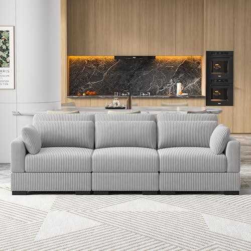 Cheslong - Divani da salotto a 3 posti, modulari da salotto con braccioli larghi divani a sedere scorrevoli poltrone in velluto a coste cuscini e pouf inclusi per soggiorno camera da letto (grigio, 3