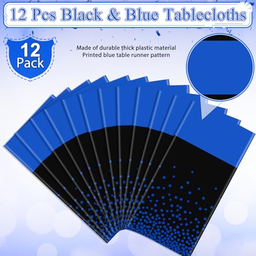 Image of MASHAN 12Pcs Black and Blue Tablecloth Party Decorations,Plastic Black Table Cloth Printed Blue Runner Disposable Rectangle Table Cover for Birthday Wedding Anniversary Graduation Party,54 x108 Inch