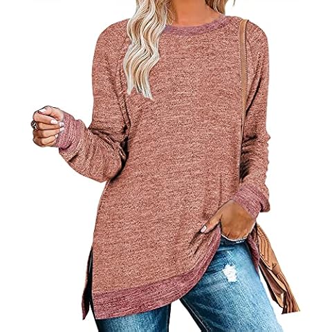 WNEEDU Women’s Long Sleeve Tops Color Block Sweatshirt Crew Neck Casual T Shirt Coral Red 2XL Cover