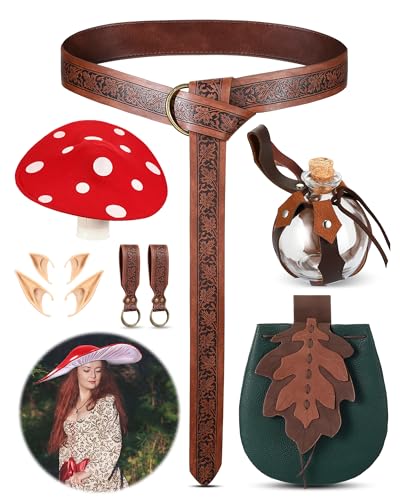 Seenelling 8 Pcs Women Renaissance Accessories Mushroom Hat Medieval Viking Belt Leaf Bag Elf Ears Potion Bottles Skirt Hikes(Leaf Style Green)