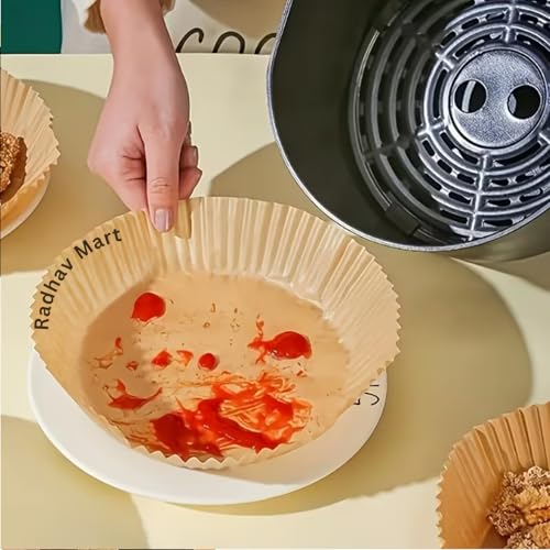 Image of 100 Pcs Air Fryer Paper Sheets | Disposable Air Fry Liners | Oil-Proof Non-Stick Parchment Paper for Air Fryer | Microwave, Roasting & Baking (Round)