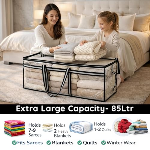Image of Storite 2 Pack Multi-Purpose Heavy Duty Moisture Proof 85 Litres Transparent Super-Size Jumbo Underbed Storage Bag /Toys /Blankets /Stationery Paper /Clothes Storage Bag (88x27x36 cm)