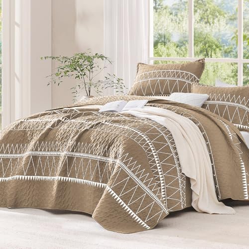 Image of Andency Taupe Quilts Queen Size, 3 Pieces Queen Quilt Bedding Set Boho Lightweight Soft Striped Bedspread for All Season (90 inchx96 inch), Printed Bohemian Polyester Reversible Coverlet Comoforter Sets