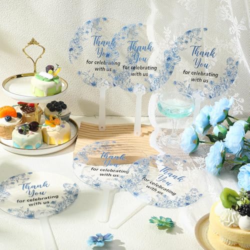 Image of Geelin 50 Pcs Wedding Fans in Bulk Transparent Acrylic Blue Flower Bridal Shower Handheld Favor Fans for Guests Summer Wedding Bridesmaid Gift for Hot Outdoor Ceremony Baby Shower