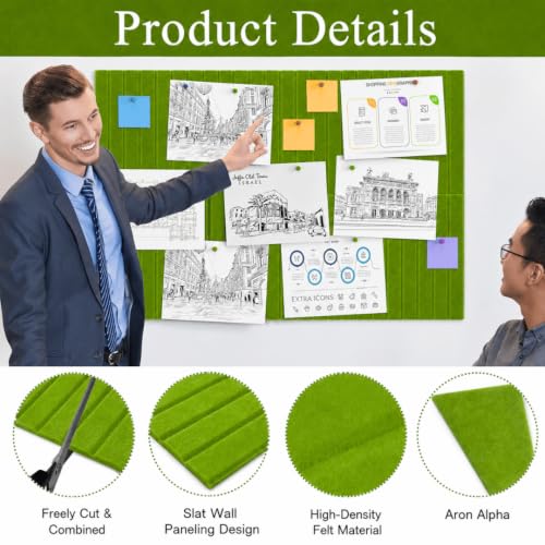 Image of QUIET CANVAS Acoustic Wall Slat Pinboard, 1x1ft, Pack 6, 50 PushPins Green