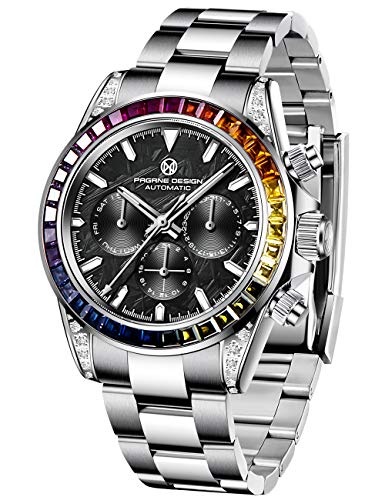 PAGRNE Design Men's Watches Scratch Resistant Synthetic Sapphire Glass Automatic Wrist Watch Date Display 100M Waterproof Watches for Men Stainless Steel Bracelet (Silver Black-D)