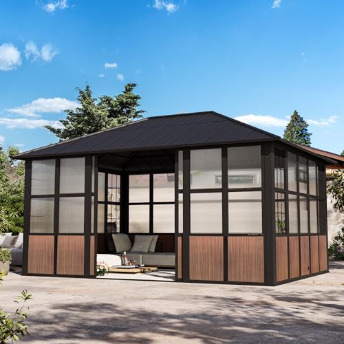 Modern Shade Clario Solarium 12x16 Sunroom Hardtop Gazebo with TV Mount & Sliding Doors Galvanized Steel Roof Screen House Ventilation Design & Wood Grain Finish All-Weather Aluminum Sun Room