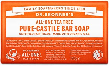 Dr. Bronner’s - Pure-Castile Bar Soap (Tea Tree, 5 ounce) - Made with Organic Oils, For Face, Body, Hair and Dandruff, Gentle on Acne-Prone Skin, Biodegradable, Vegan, Non-GMO