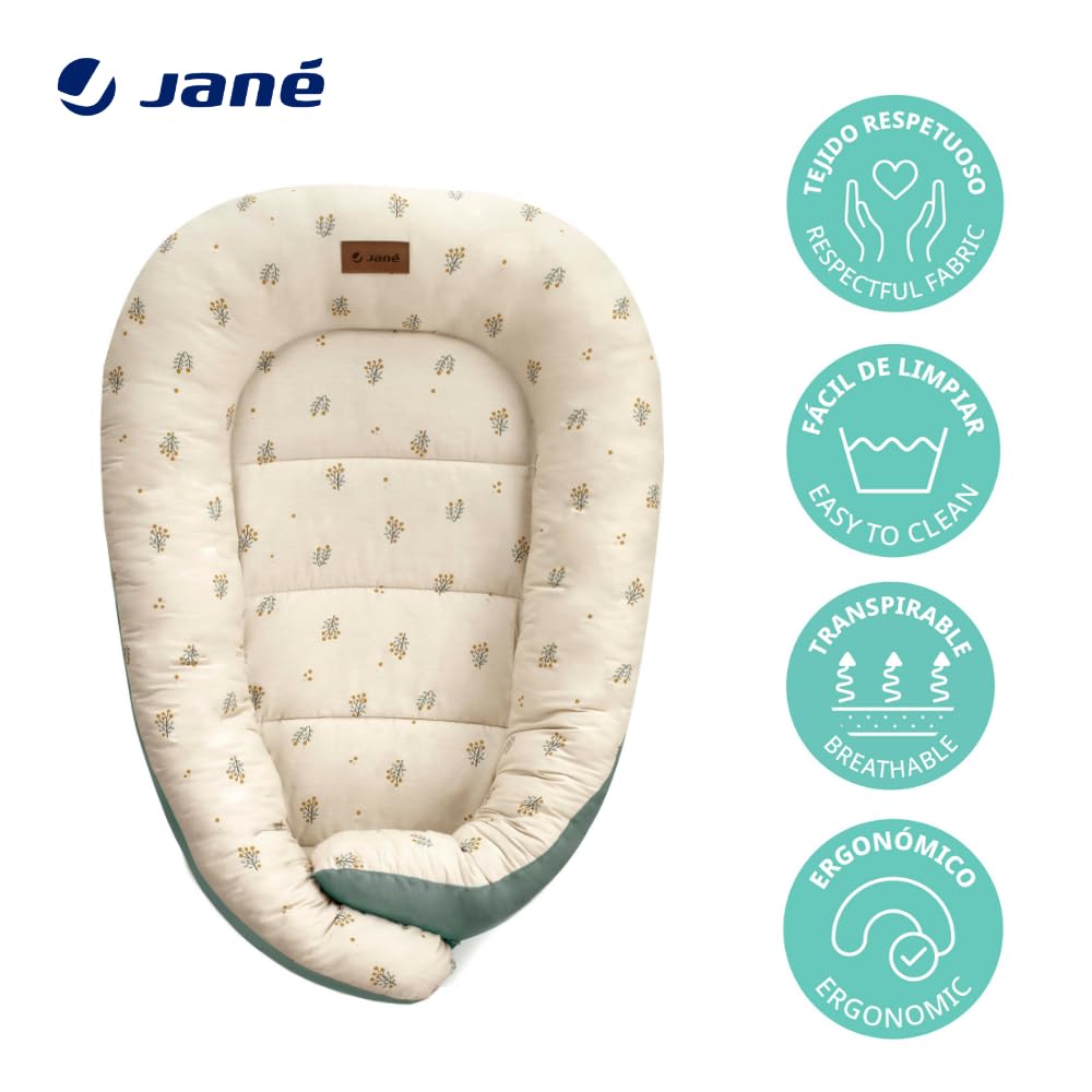 Jané Growing Cute, Nido Reductor para Bebé, Favorece el Estado del Sueño, Reversible, Transpirable, Verde