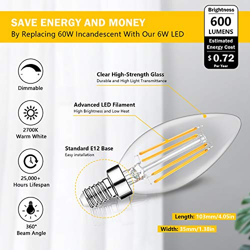 12-Pack Dimmable E12 Led Candelabra Bulbs 60W Equivalent, 2700K Soft Warm White, 600 Lumens B11 Candle Base 6W C35 Led Filament Vintage Light Bulbs, Clear Glass For Chandelier Ceiling Fan High Cri 90+ #TOP1
