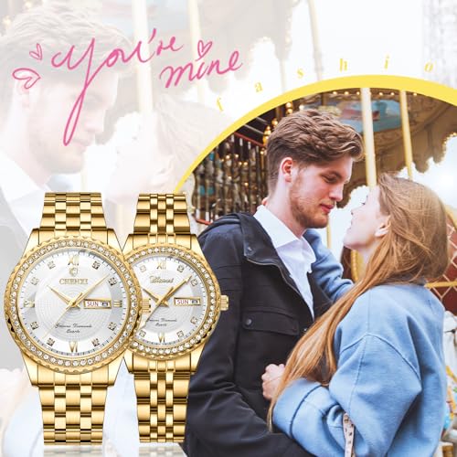 Image of JewelryWe Couple Gold Quartz Watch: Business Analog Full Diamond Day Date 3ATM Waterproof Luminous Hands Stainless Steel Removable Strap Casual Wrist Watch for Father's Day