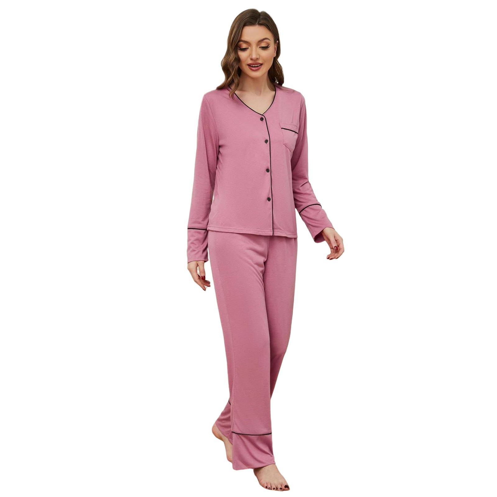 Pigiama Donna Cotone Casa Abiti Autunno E Inverno Morbido A V-Scollo A V Cardigan Pantaloni A Maniche Lunghe in Due Pezzi per Donne-zsm39-deeppink-xl