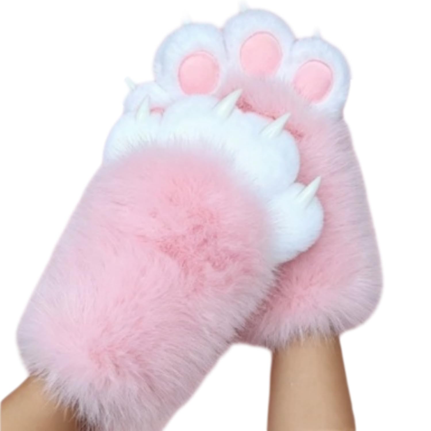 Plush Cat Paw Gloves Squeaky Fursuit Claw Mitts with 3D Pink Paw Pads