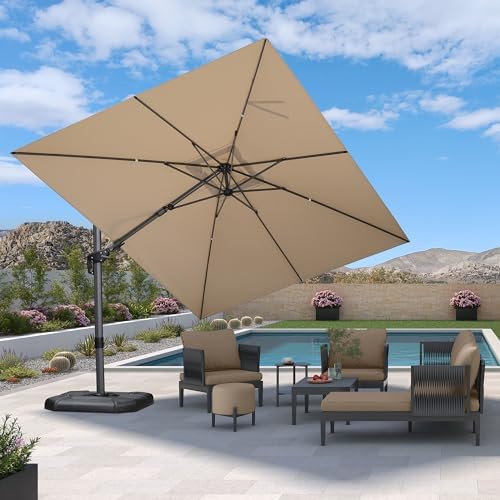 PURPLE LEAF Sombrilla Terraza Exterior 2,7 x 3,6 m Rectangular con Base en Cruz, Sombrilla de jardín con Protección UV 50+ Inclinación Bidireccional, Rotación de 360° y 5 Ajustes de Altura, Beige