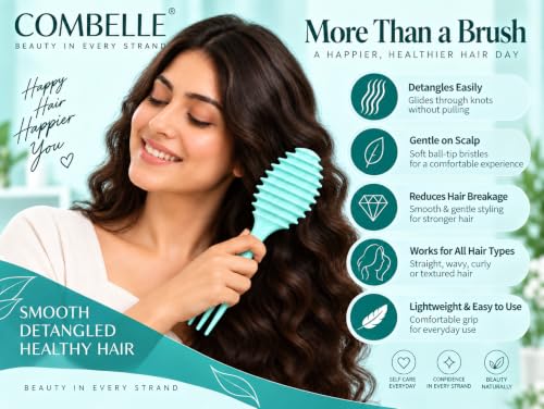 Image of COMBELLE Curl Defining Detangler Brush for Curly Hair - Vegan Fiber & Nylon Bristle Paddle Brush with Comb Handle for Frizz-Free Styling & Scalp Massage