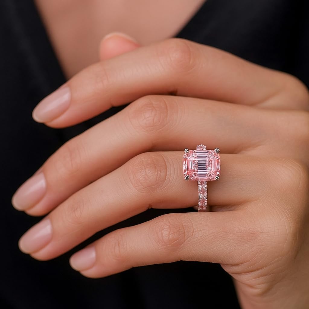 Stunning 3 CT moissanite Ring - The Prisca Emerald Cut Pink Moissanite Ring,Elegant Engagement Promise Wedding Rings For Women & Gift For Women