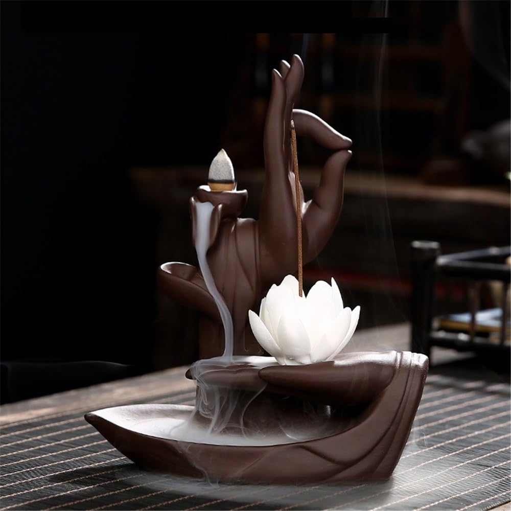 Räuchergefäß Home Backflow Weihrauchbrenner Große Buddha-Hand Lotus Lila Ton Dekorative Weihrauchhalter
