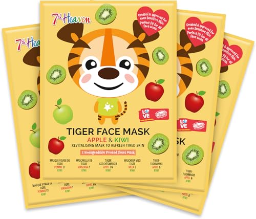 7th Heaven Tiger Face Mask - Kid-Friendly Face Masks Enriched with Apple and Kiwi - For All Skin Types - Vegan-Friendly, Cruelty-Free Formula - 4 pc