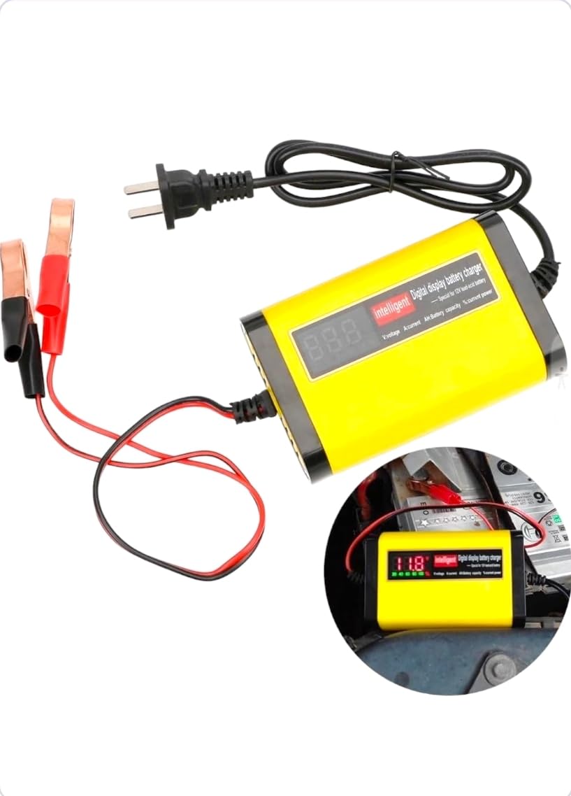 Generic Full Automatic Car Battery Charger Digital LCD Display 2A Fast Charging 3 Stages Lead Acid AGM Gel Battery-Chargers, Yellow