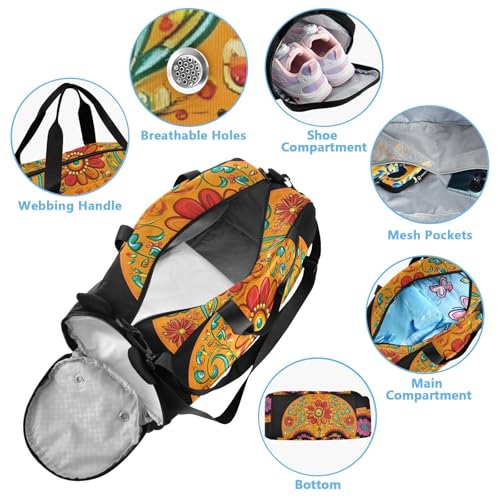 Kids Sports Duffel Bag for Boys & Girls - Sugar Skull Flower Mexican 100% Polyester Gym Bag with Separate Shoe Compartment, Adjustable Shoulder Strap, Compact Travel & Workout Gear Bag4
